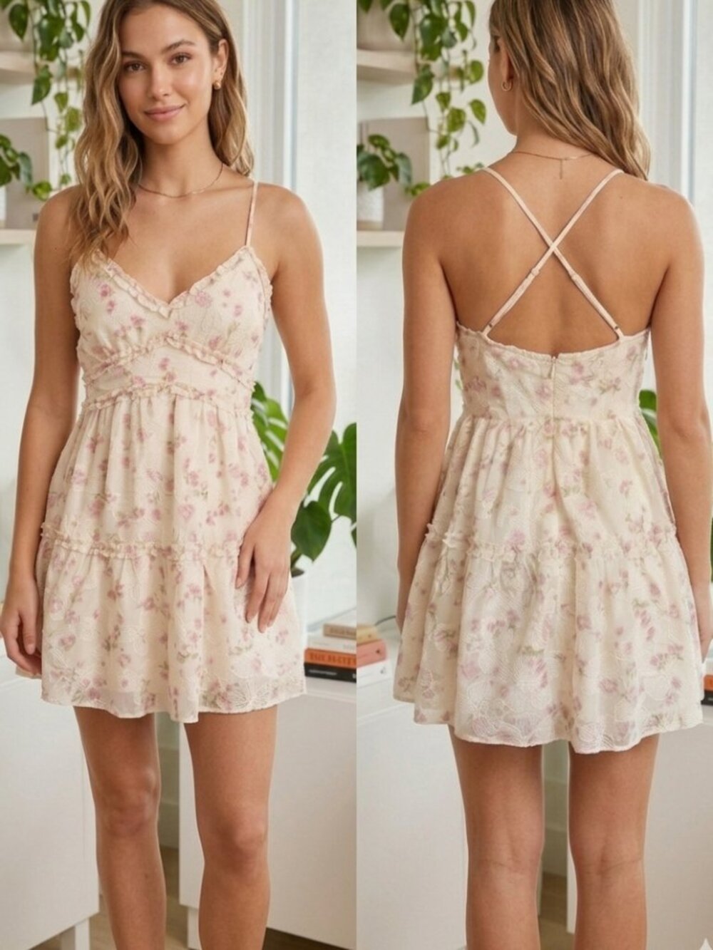Kirious Los Angeles Floral Lace Tiered Mini Dress NWT Size M Pink Cream